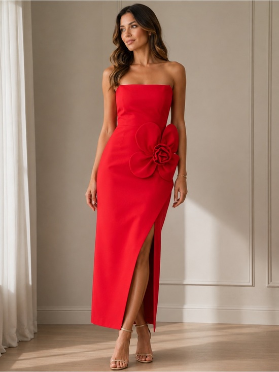 Badgley Mischka Dresses & Skirts - Badgley Mischka Strapless Red Midi Dress with Sculpted Floral Accent